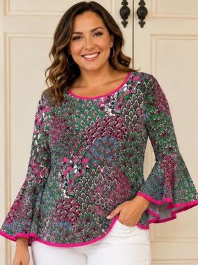 Coco Bianco tiered Bell Sleeve Paisley Peacock Print Top | Women’s Large